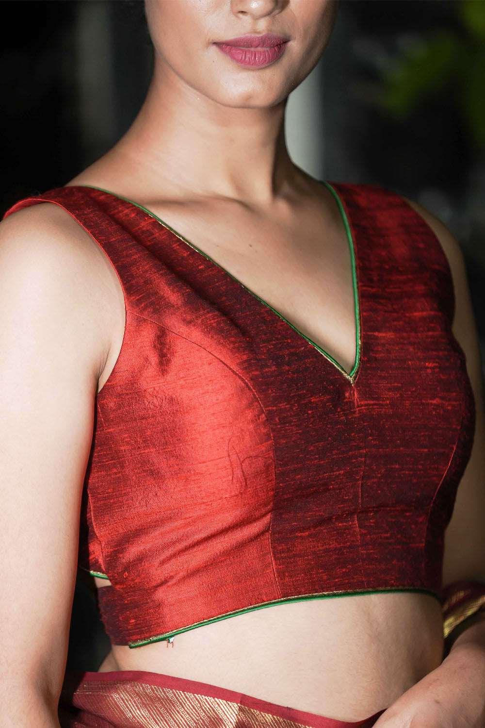 Brick red raw silk V neck sleeveless blouse