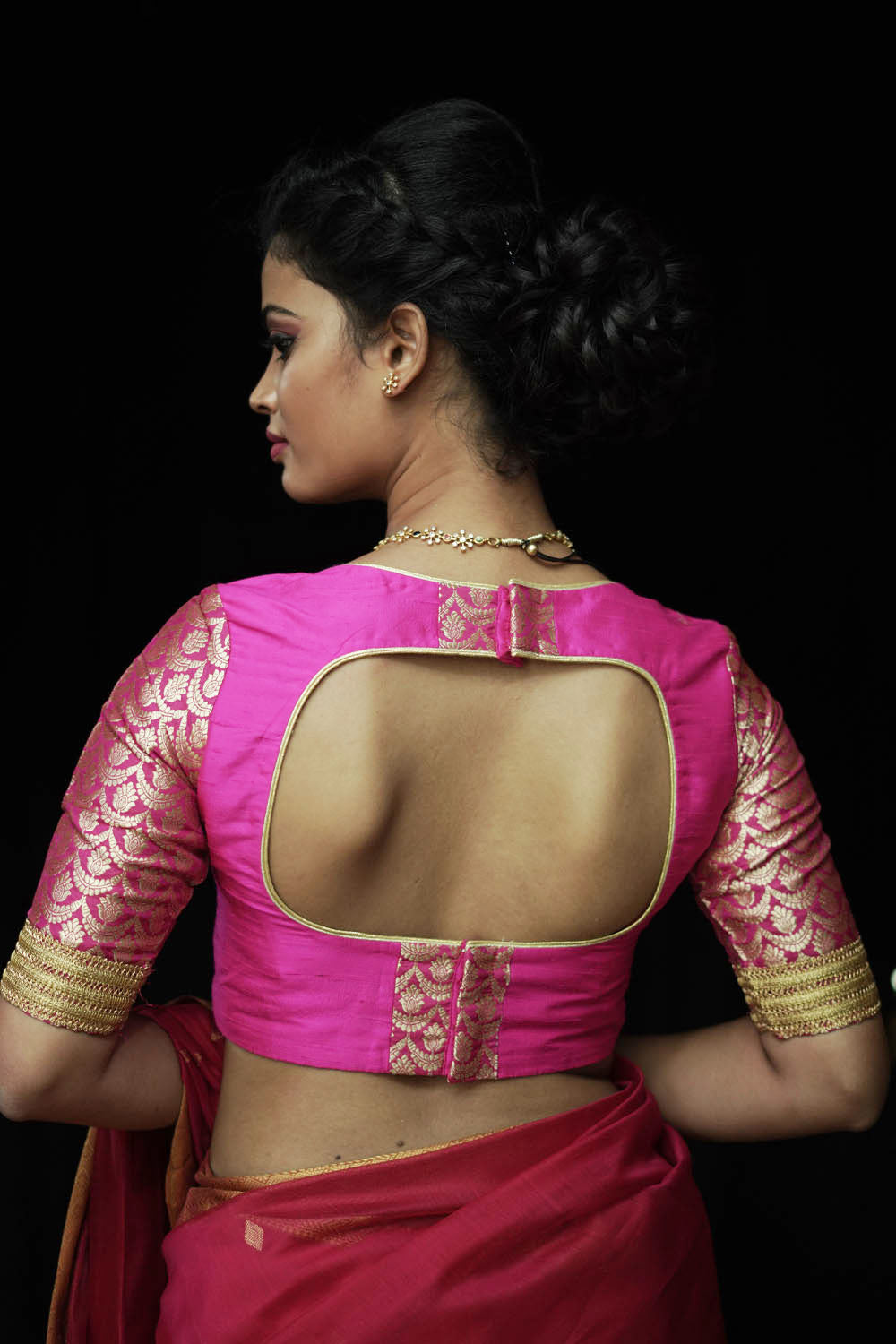Fuchsia pink raw silk U neck blouse with banarasi brocade sleeves