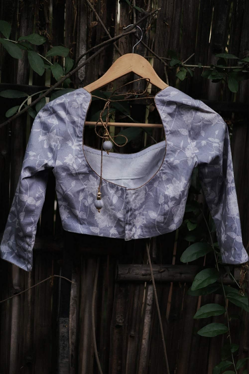 Grey floral cotton lycra square neck blouse - House of Blouse
