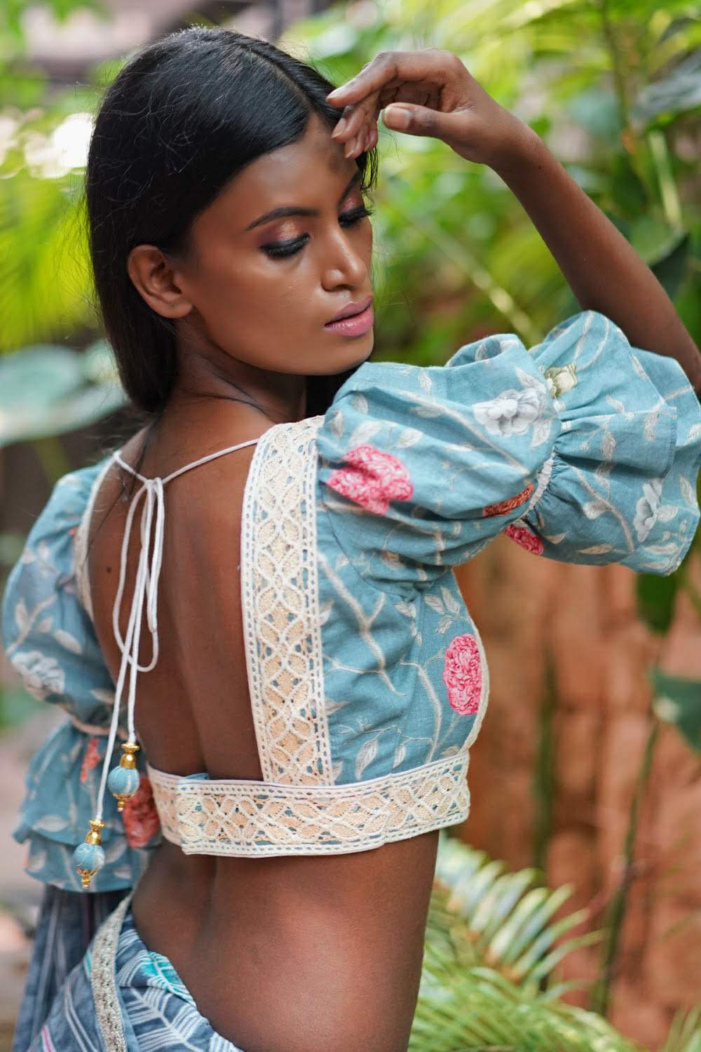 Powder blue & orange floral pure cotton square neck blouse with puff sleeves. - House of Blouse