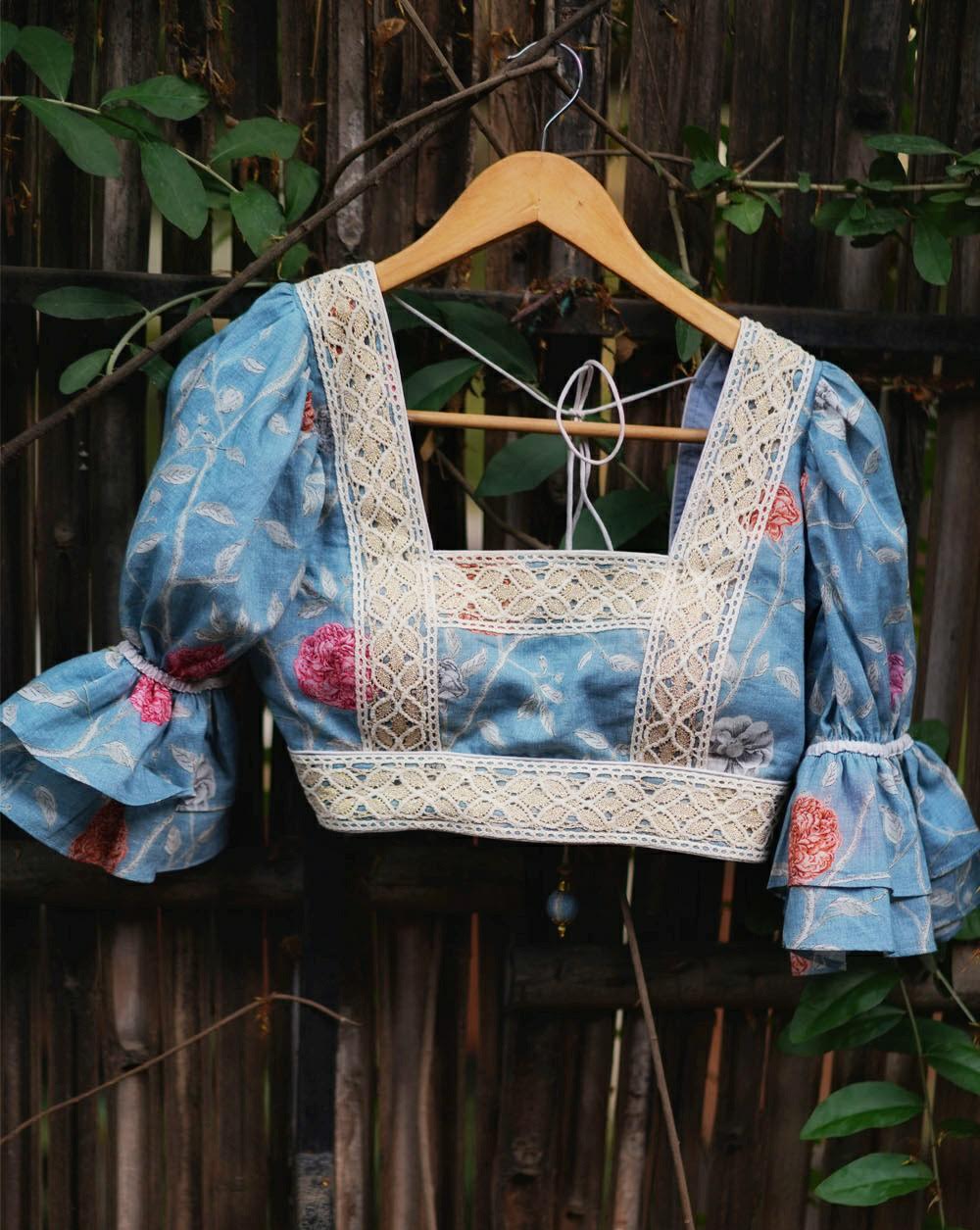 Powder blue & orange floral pure cotton square neck blouse with puff sleeves. - House of Blouse