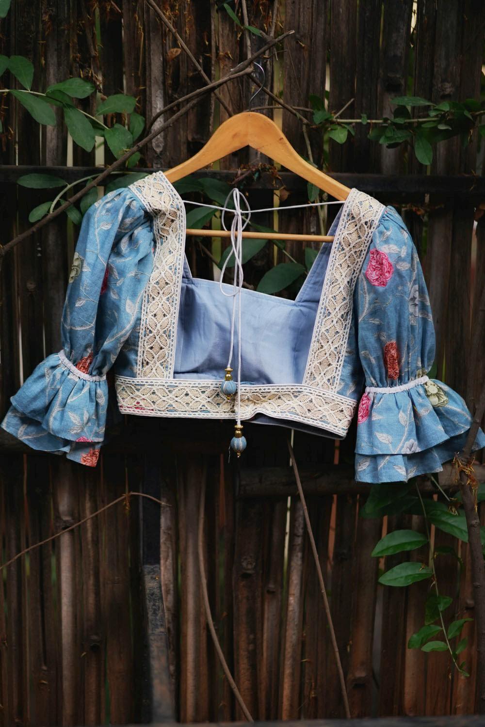 Powder blue & orange floral pure cotton square neck blouse with puff sleeves. - House of Blouse