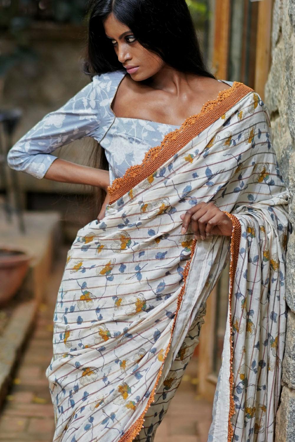 Off white and mustard floral muslin cotton saree with crochet border - House of Blouse