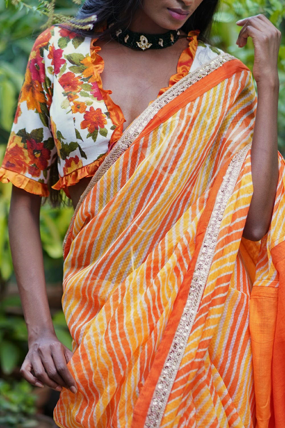 Off white and orange floral handspun & pure muslin v neck blouse with frill detailing - House of Blouse