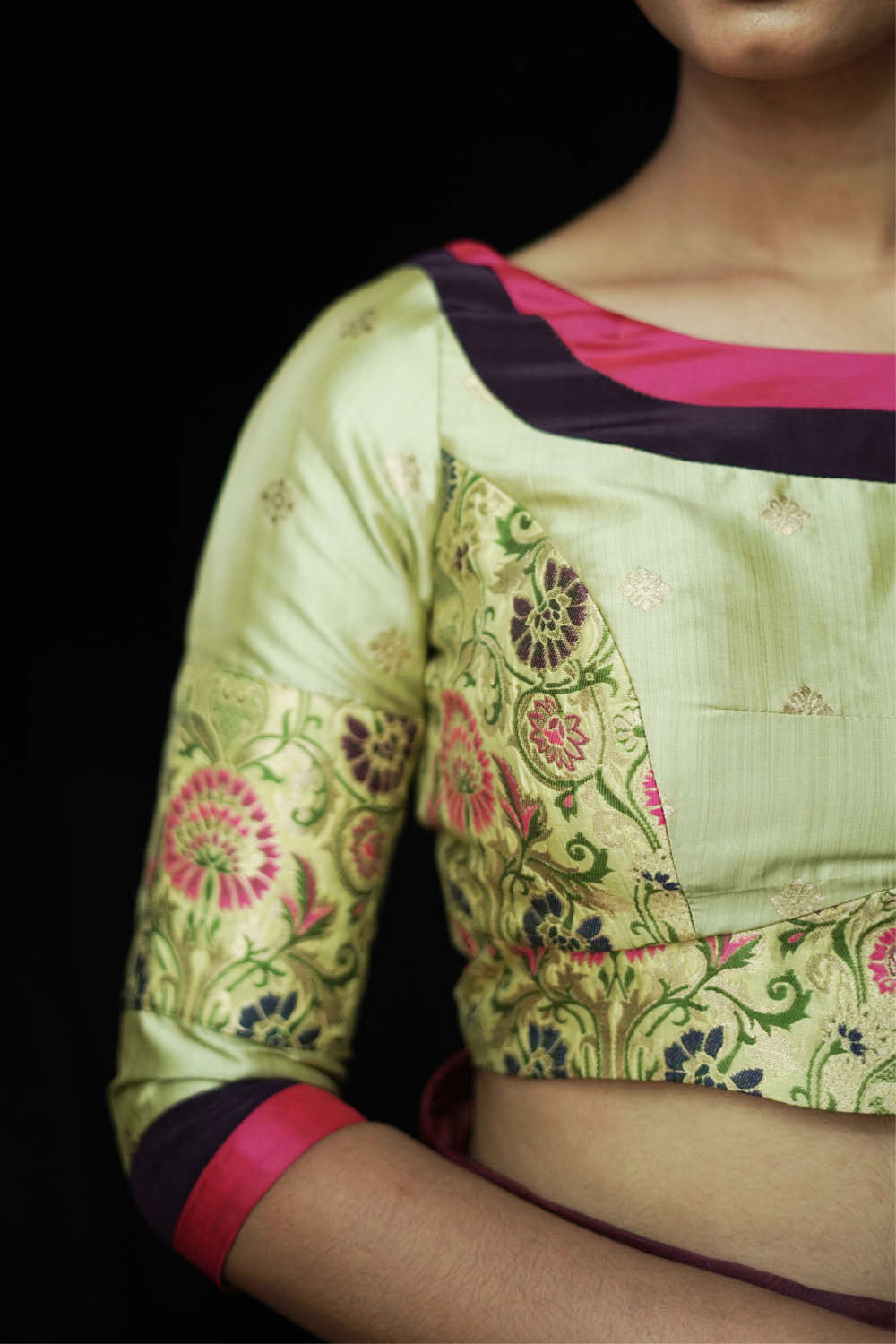 Pista green round neck banarasi brocade blouse with back detailing