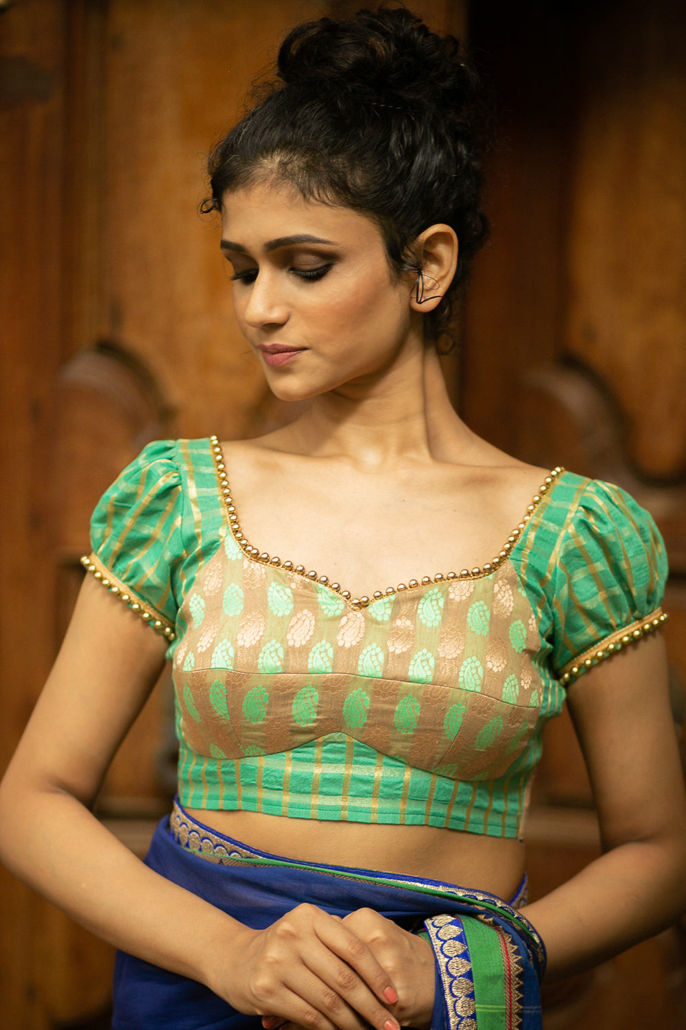 Sea green and gold brocade two fabric bustier blouse with puff sleeves and gold bead edging - House of Blouse