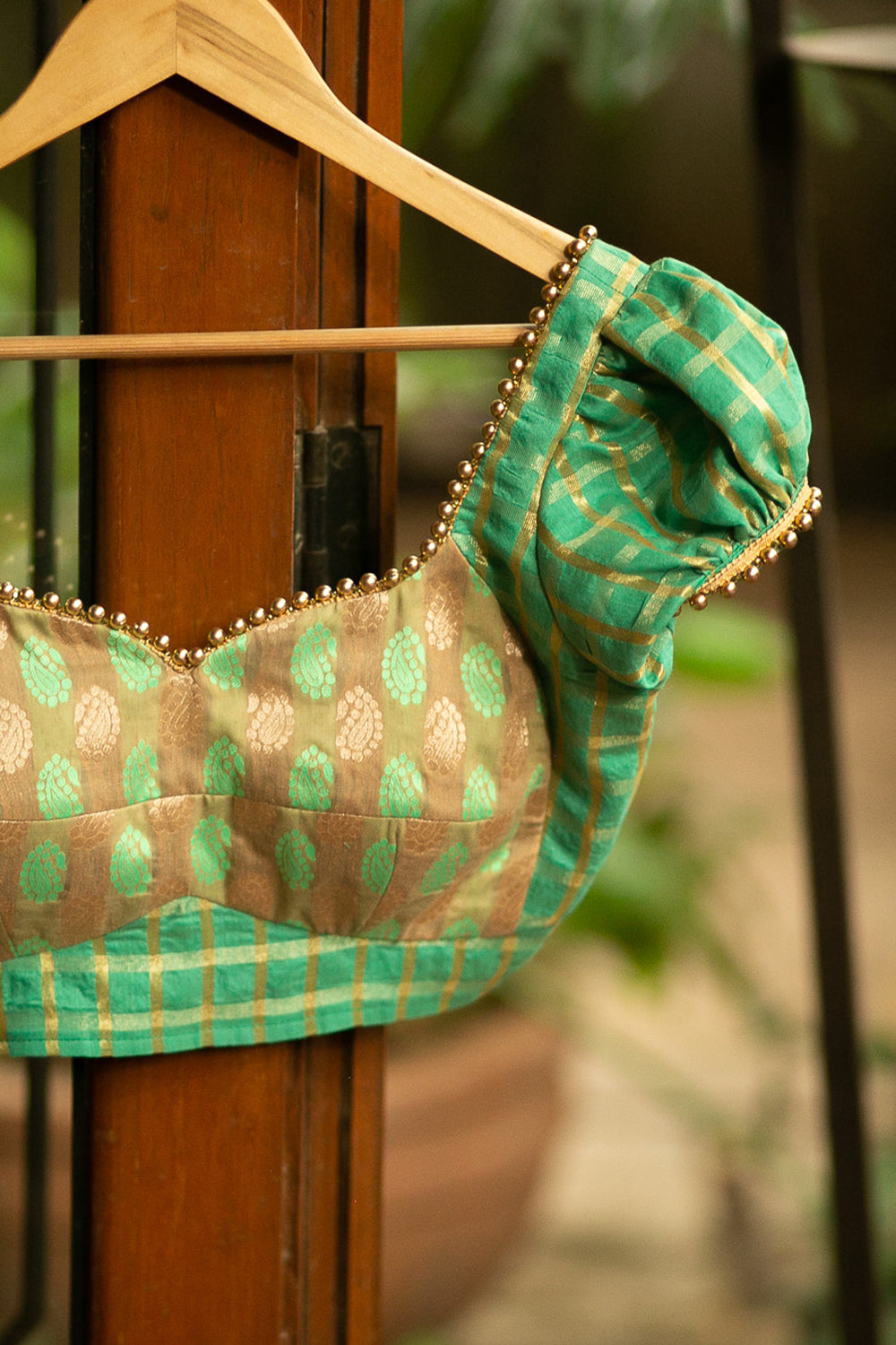 Sea green and gold brocade two fabric bustier blouse with puff sleeves and gold bead edging - House of Blouse