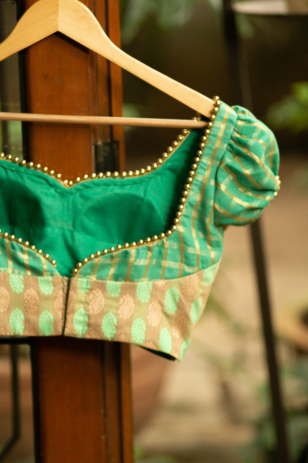 Sea green and gold brocade two fabric bustier blouse with puff sleeves and gold bead edging - House of Blouse