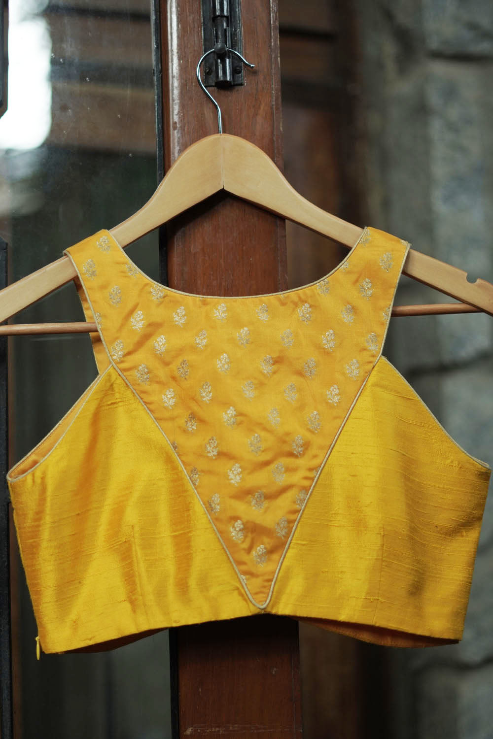 Sunshine yellow banarasi brocade and yellow raw silk racer back blouse