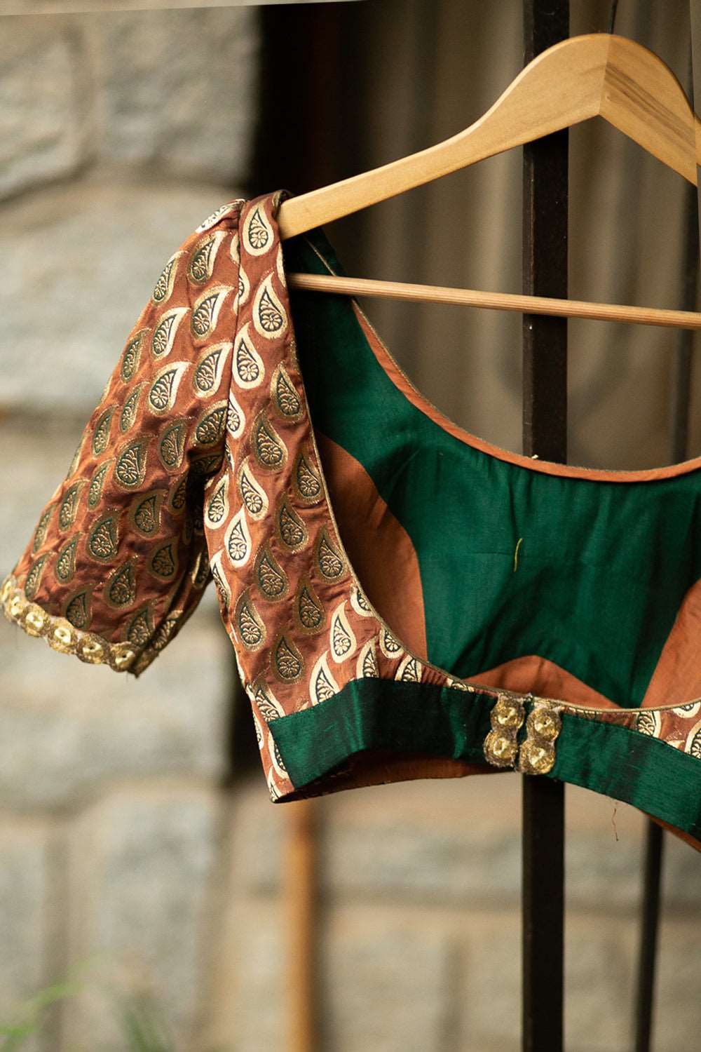 Dark green raw silk and brown brocade two fabric blouse with puff sleeves - House of Blouse