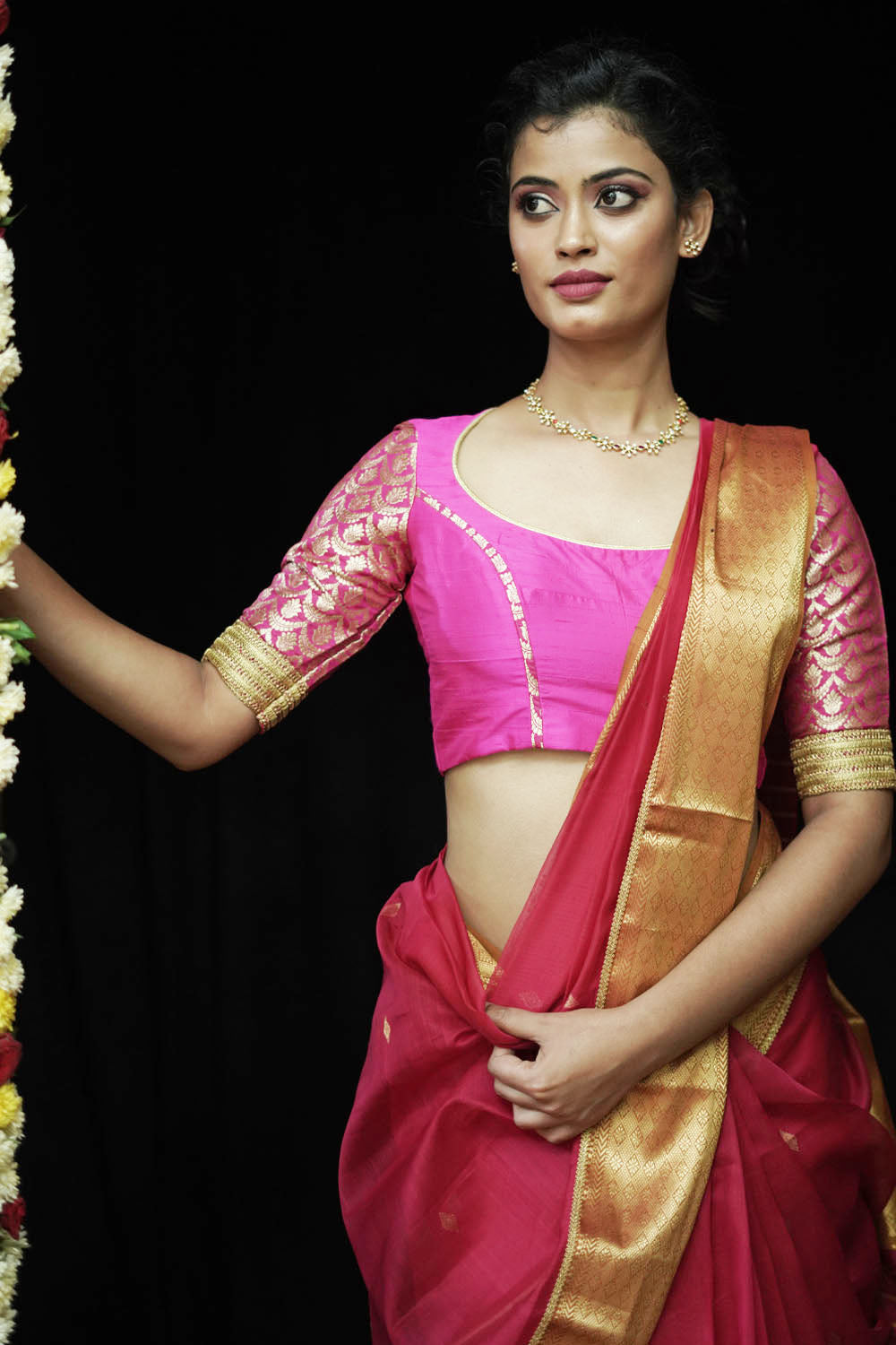 Fuchsia pink raw silk U neck blouse with banarasi brocade sleeves