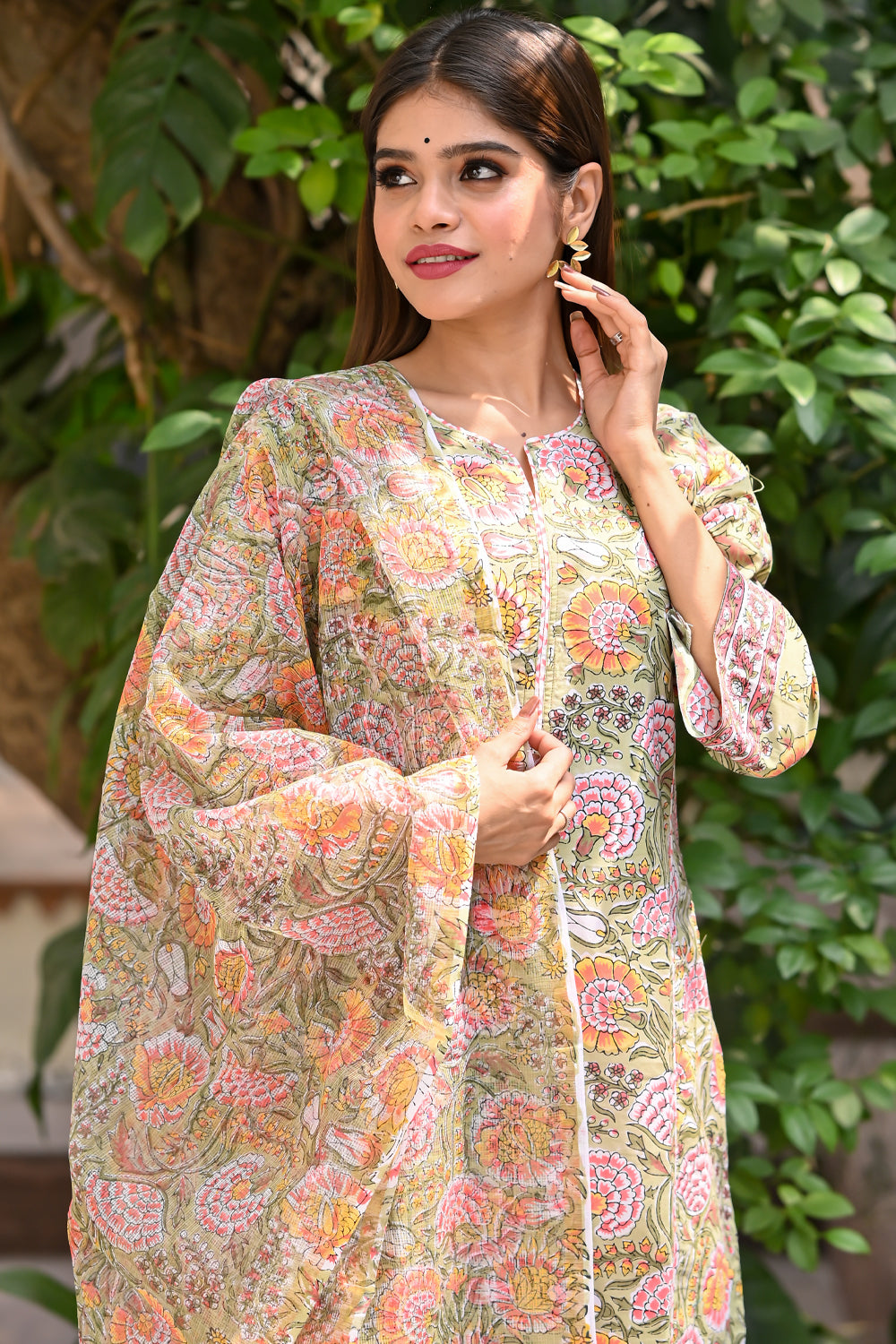 Pastel Olive and Pink Marigold Florals Hand Block Print on Pure Cotton 3 piece Salwar kameez set |  Custom Gowns | Made to Order