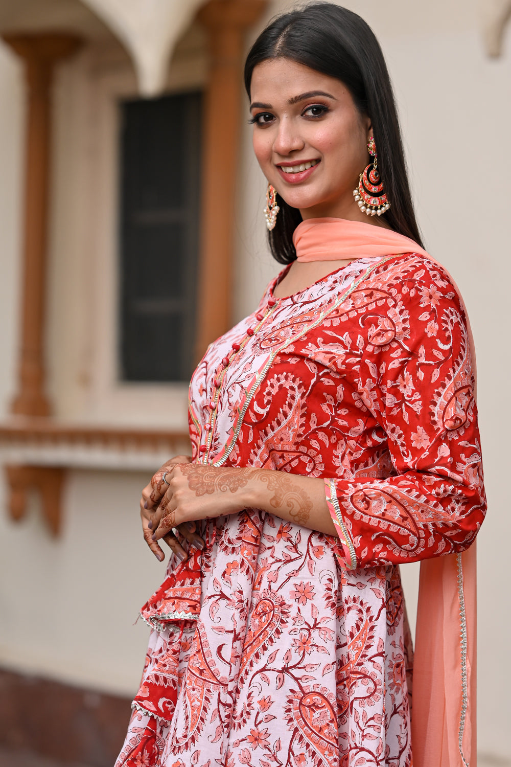 Peplum Top and Sharara Set in Hand Block Print Cotton and Gota Detailing | Made To Order