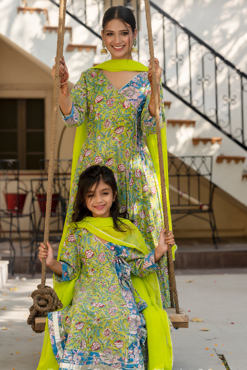 Girl Kid 3 Piece Anarkali Set in Lime Green and Ferozi Blue Hand Block print Cotton | Made To Order