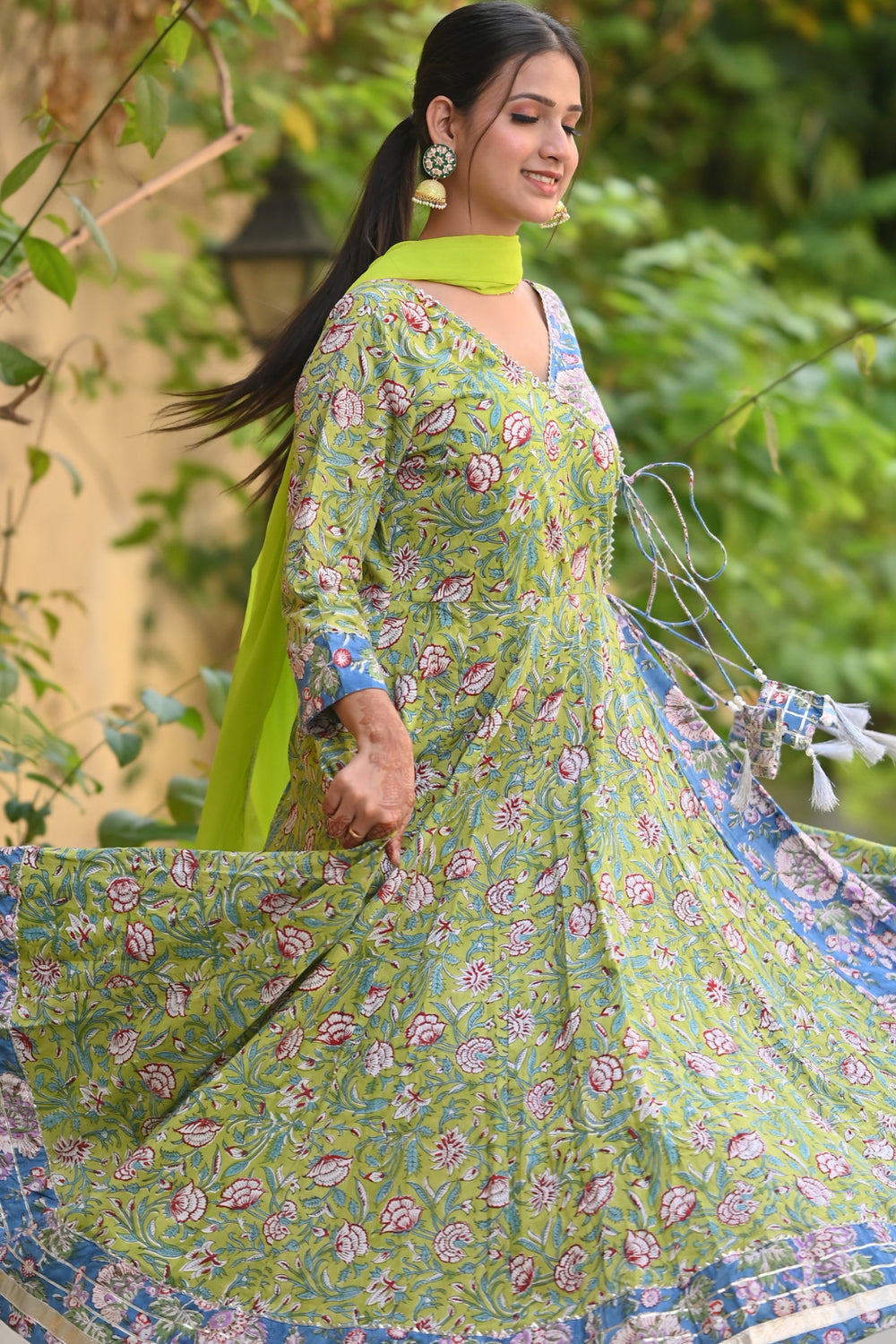Stunning 6 Meter Flare Lime Green and Ferozi Angrakha Anarkali 3 Piece Set | Made To Order