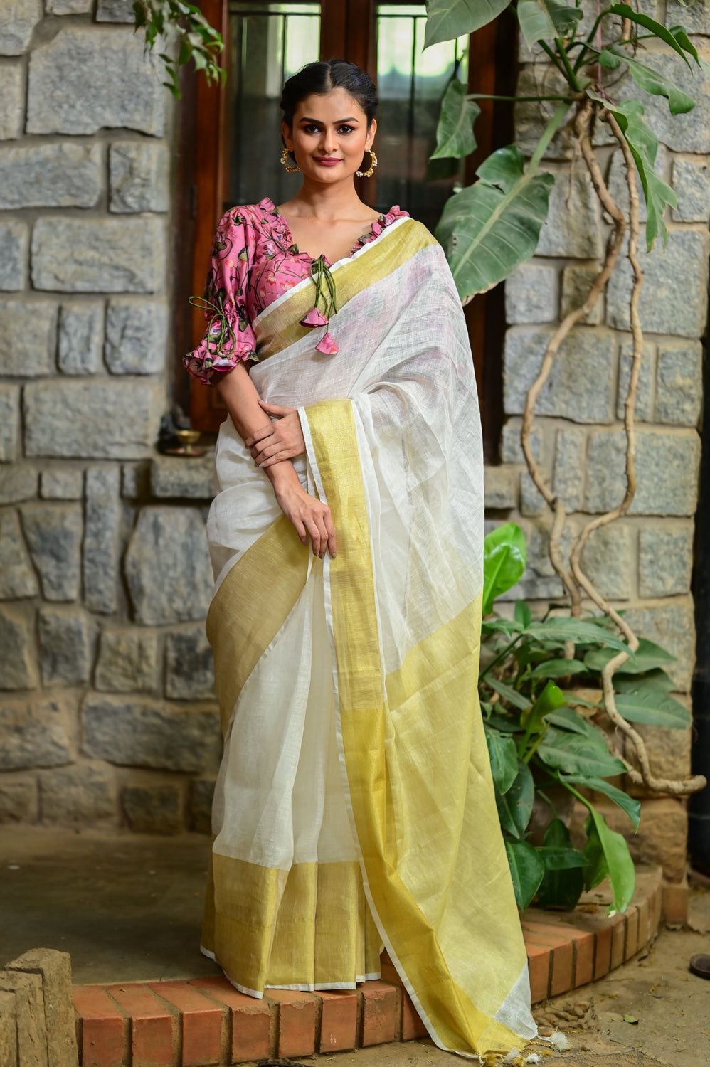 Off White and Muted Gold linen saree