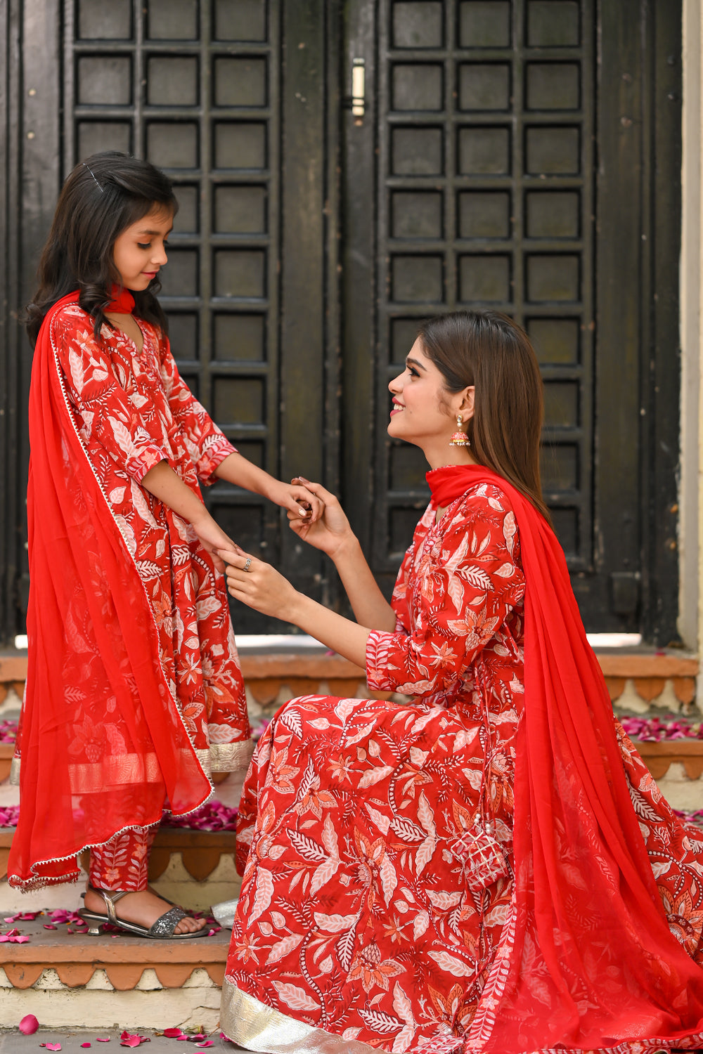 Little Girl Red and Peach Block Printed 3 Piece Anarkali Suit |Custom Gowns | Made to Order