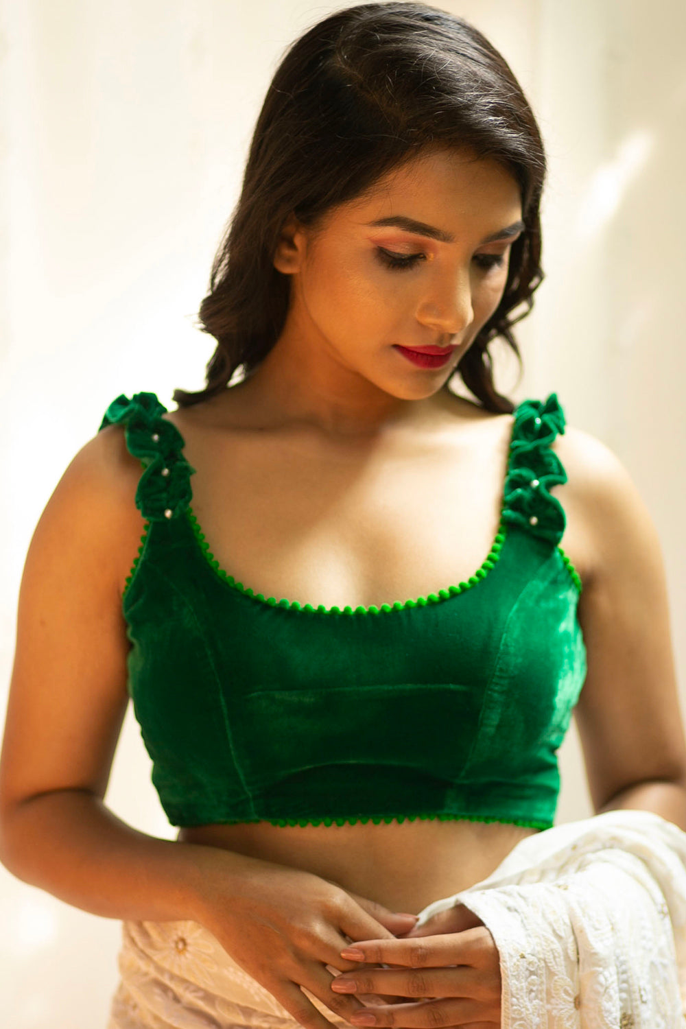 Green velvet U neck strappy blouse