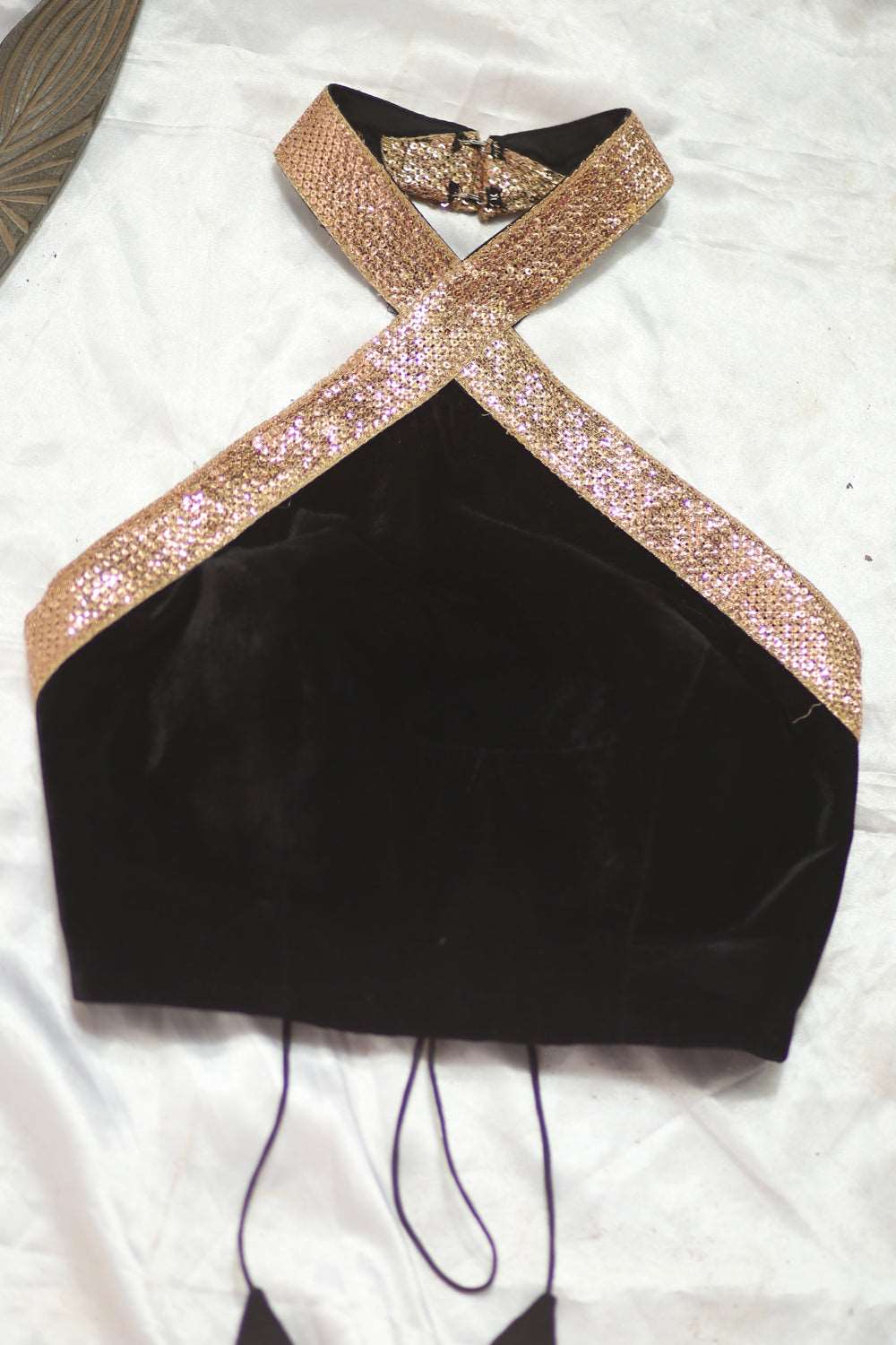 Black velvet halter neck blouse with sequin border