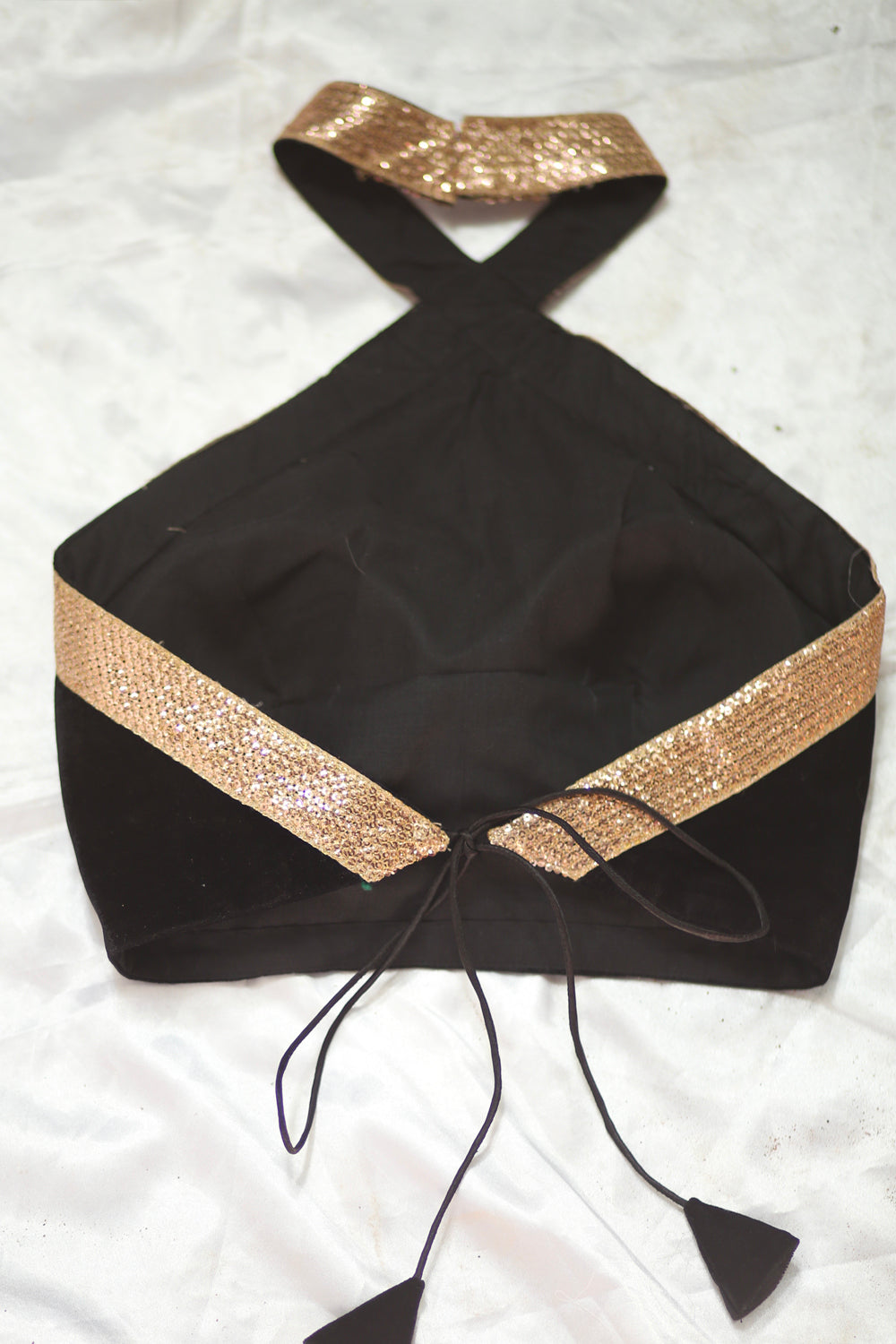 Black velvet halter neck blouse with sequin border