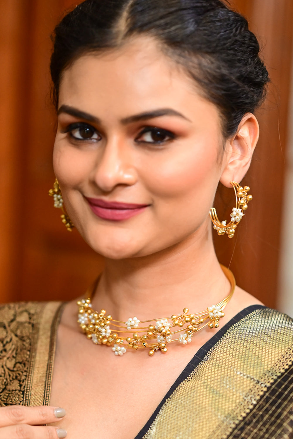Statement Multi-wire design Neckpiece with White & Gold Attached Beads