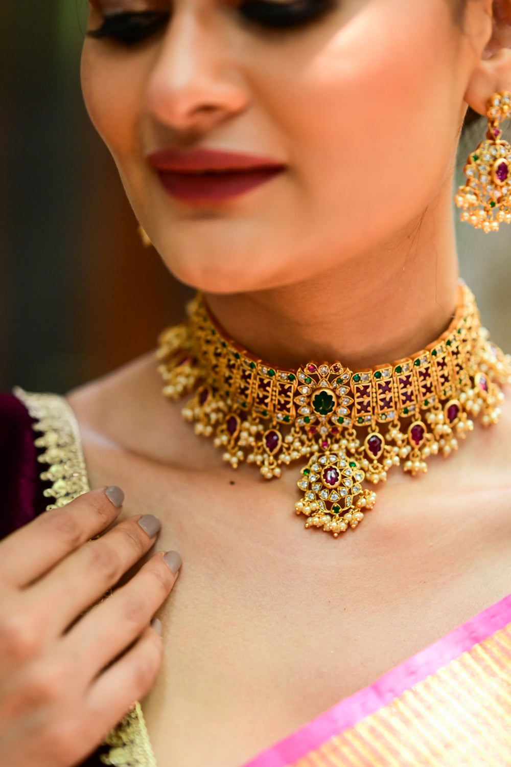 Grand Embellished Choker Set with Dangling Rubies