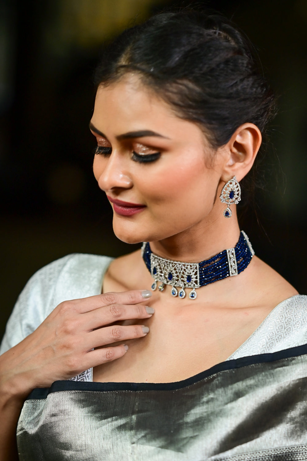 Blue multistrand crystals and White CZ stones Choker set with Earrings