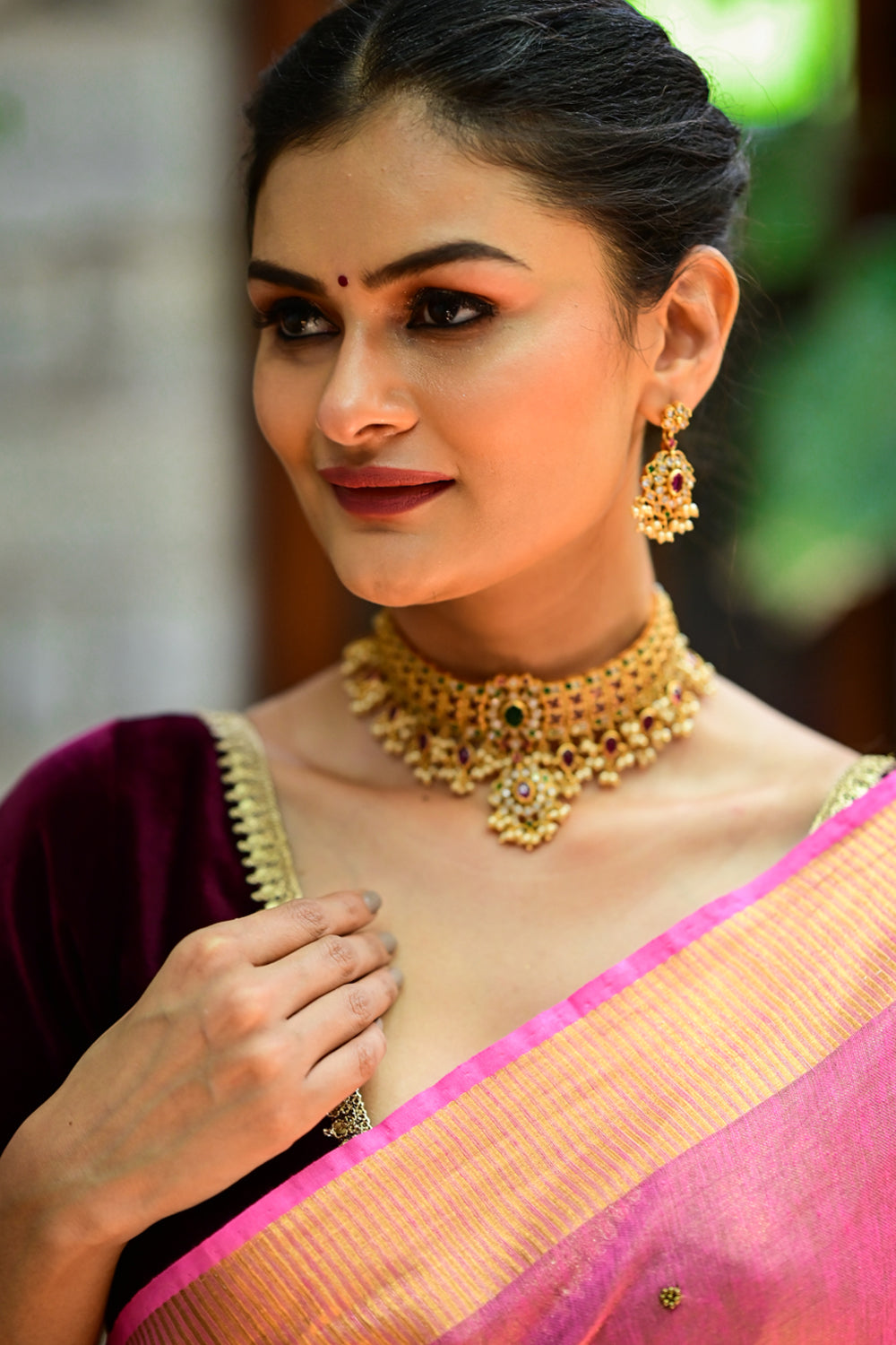 Grand Embellished Choker Set with Dangling Rubies