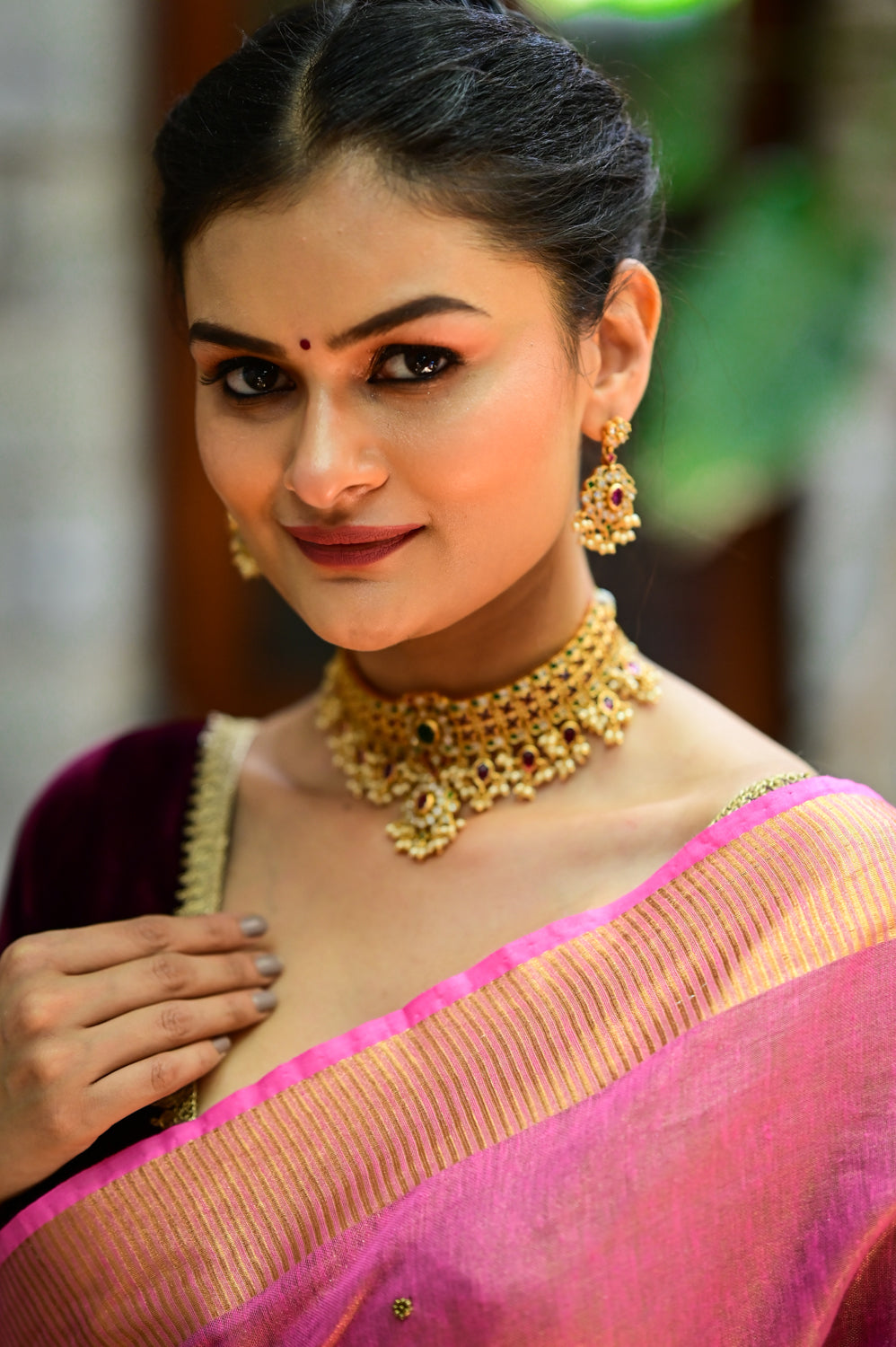 Grand Embellished Choker Set with Dangling Rubies