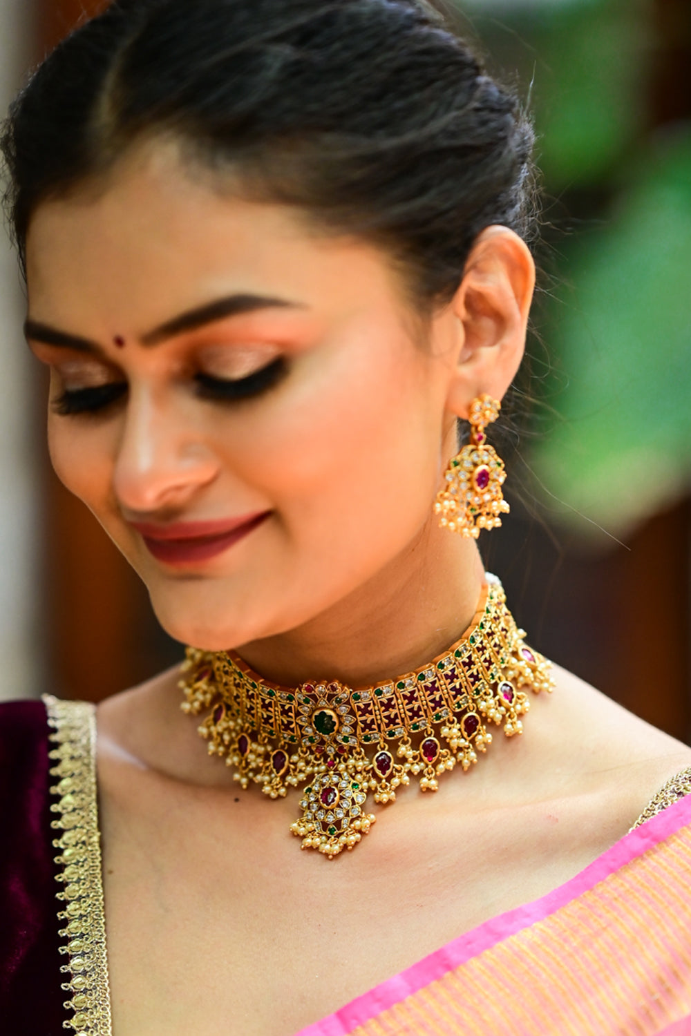 Grand Embellished Choker Set with Dangling Rubies