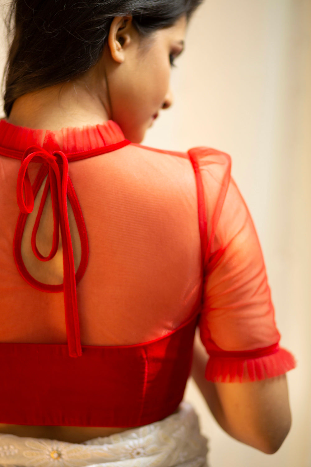 Red velvet and net sheer yoke blouse with frill detailing