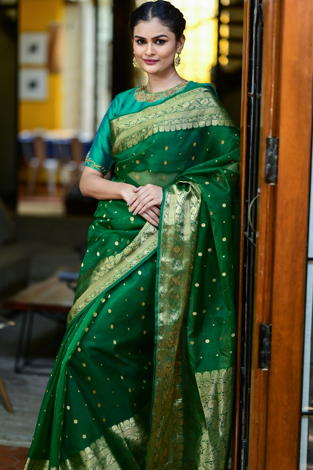 Authentic Emerald Green Chanderi Silk Saree with dense dainty buttas and Wide Zari Buttas - PRE ORDER
