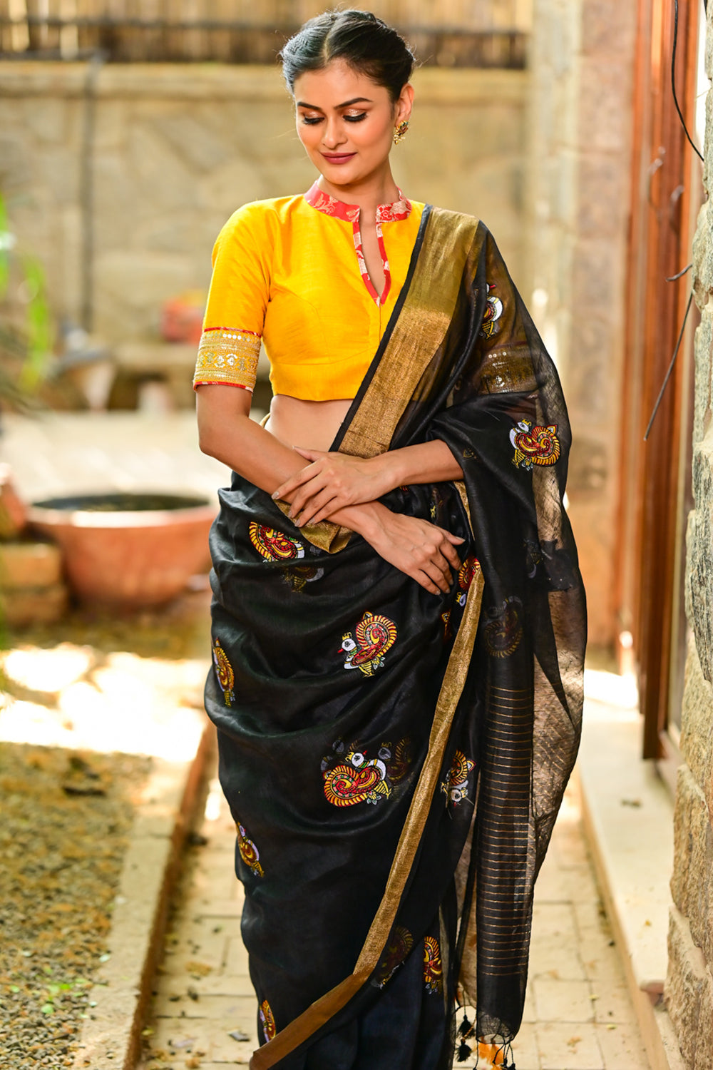 Black Linen Saree with  embroidered Annapakshi