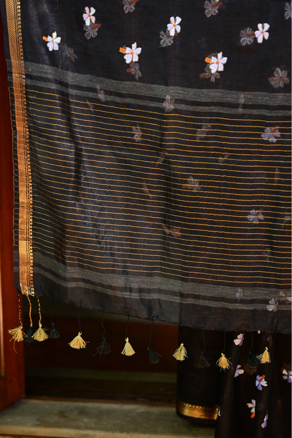 Parijaat - The Eternal Flower : Embroidery on Black Silk Linen Saree