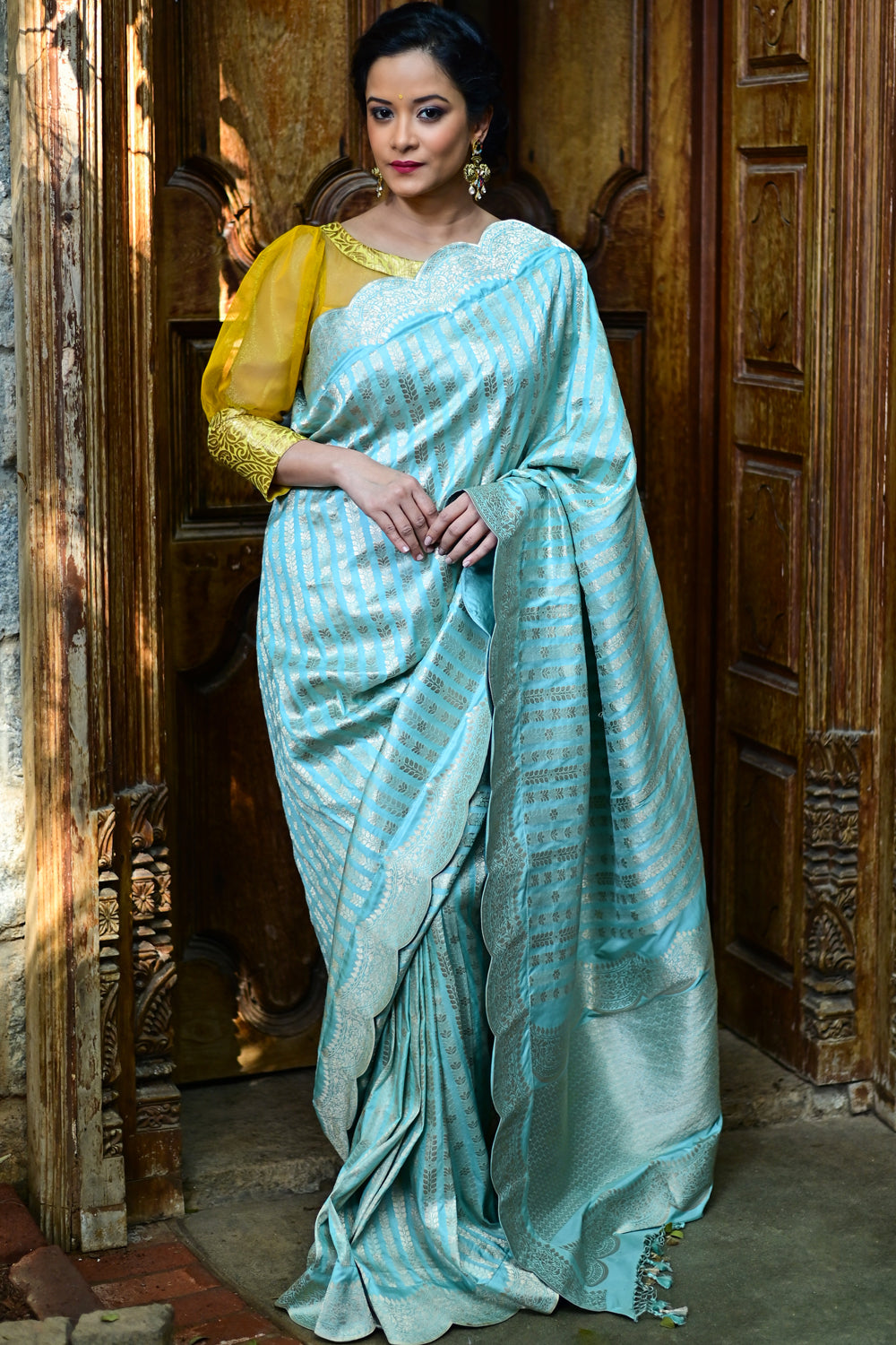 Aqua Banarasi Katan Silk Saree with Vertical Zari Stripes and Scalloped Border | SILK MARK CERTIFIED