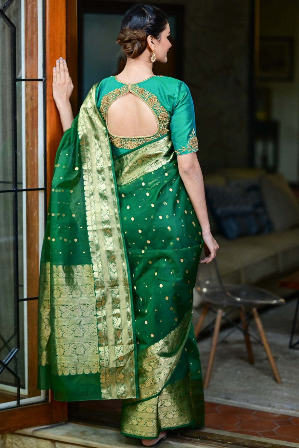 Authentic Emerald Green Chanderi Silk Saree with dense dainty buttas and Wide Zari Buttas - PRE ORDER