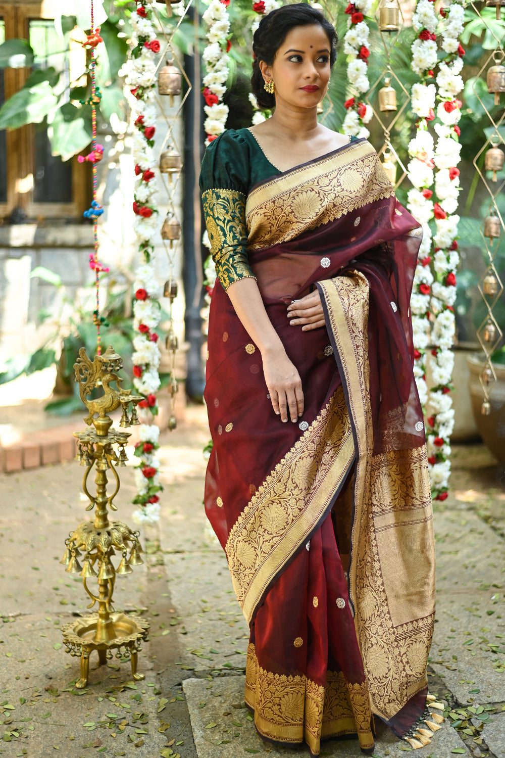 Kora Pure Kora Silk Banarasi Saree in Maroon Dual Tone with Kadhuwa weave zari buttas | SILK MARK CERTIFIED
