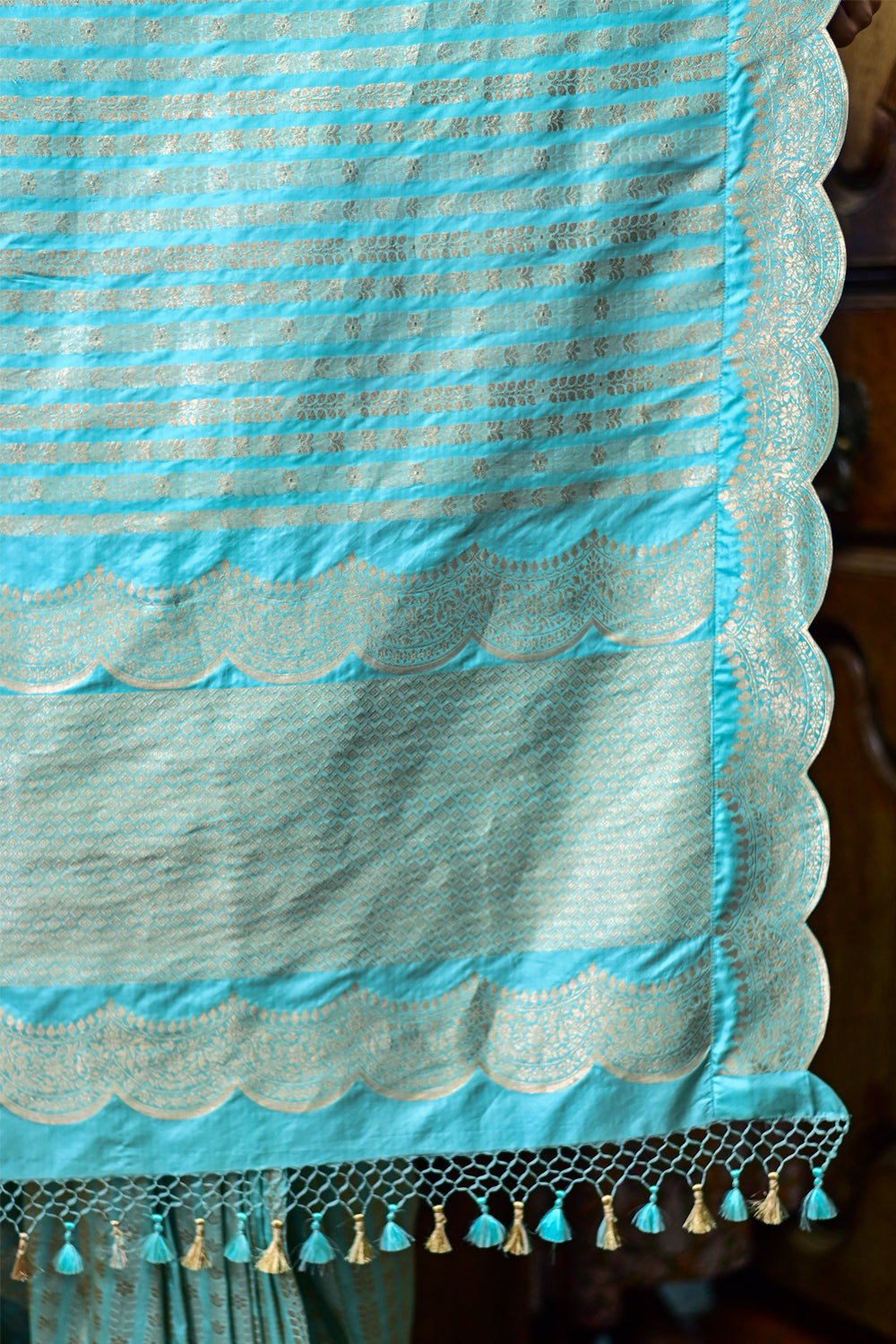 Aqua Banarasi Katan Silk Saree with Vertical Zari Stripes and Scalloped Border | SILK MARK CERTIFIED