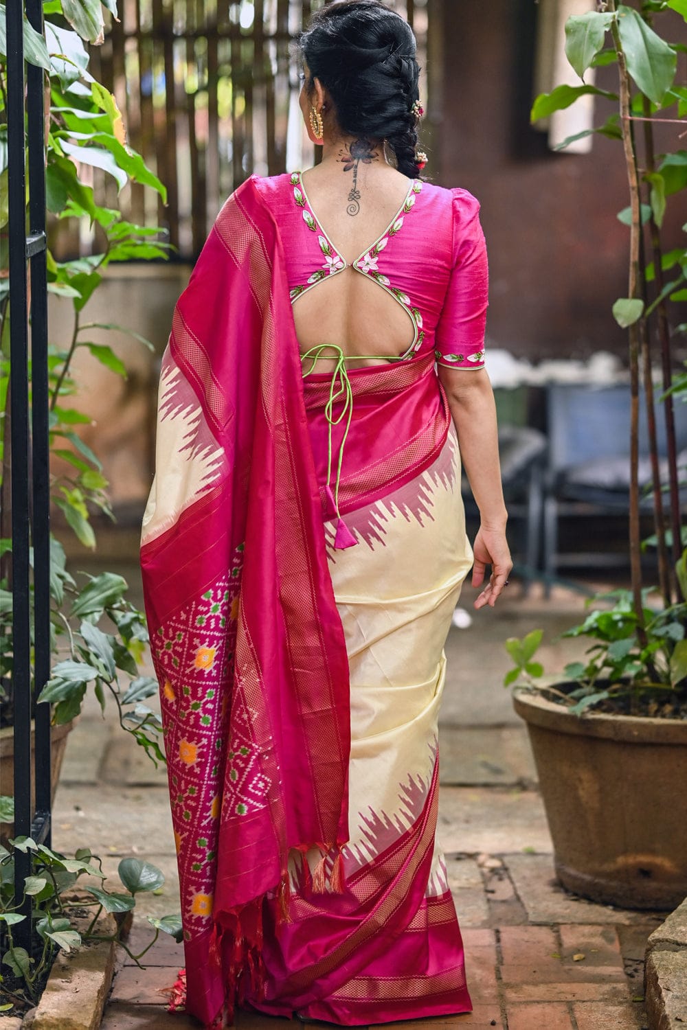 Off white pochampally pure silk saree with magenta pink border