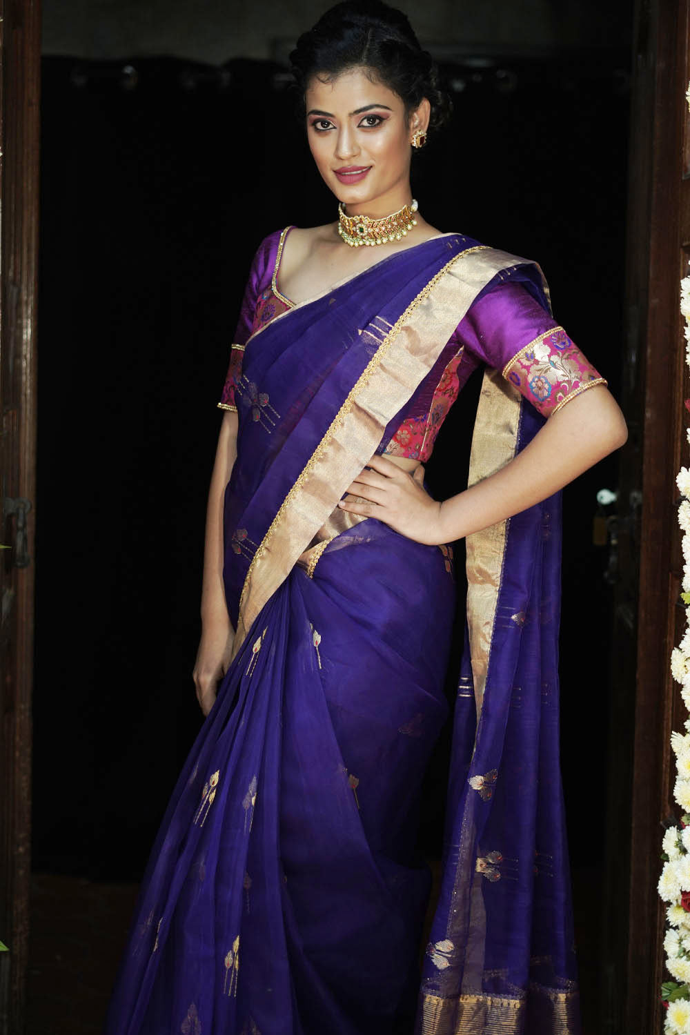 Berry blue chanderi saree with gold zari buttis and gold tissue border with gold lace.