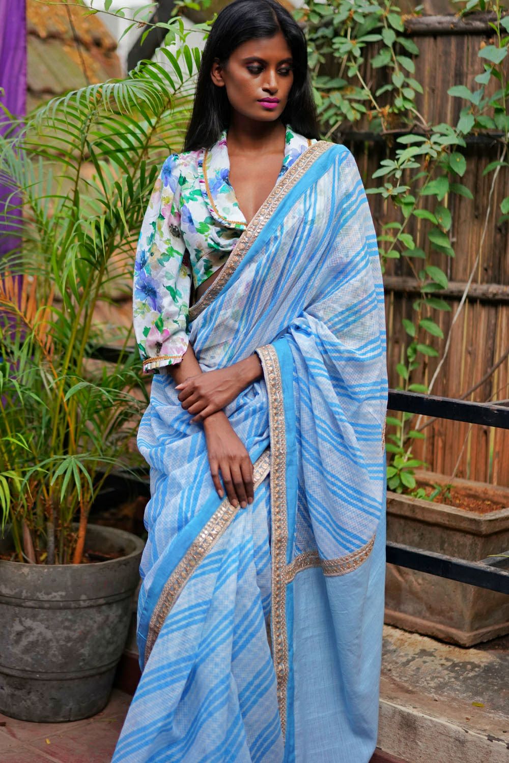 Sky blue and white handloom & hand dyed leheriya saree with gold sequin border - House of Blouse