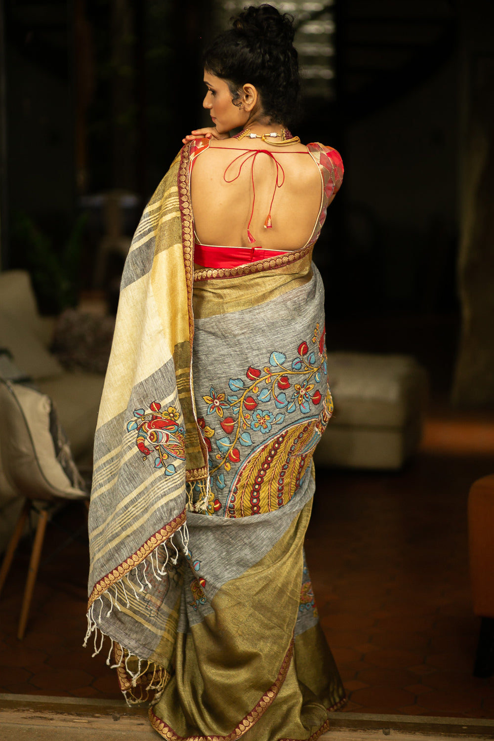 Grey Linen saree with tissue and maroon or red zari border and handpainted Kalamkari appliques - House of Blouse