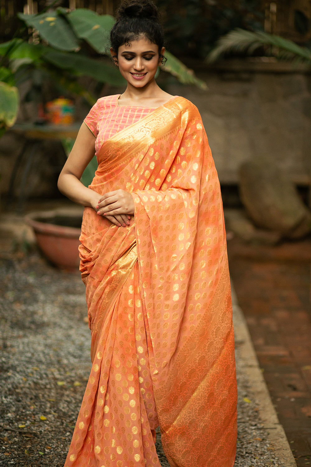 Pale orange Banarasi chiffon saree with zari buttis and zari border - House of Blouse