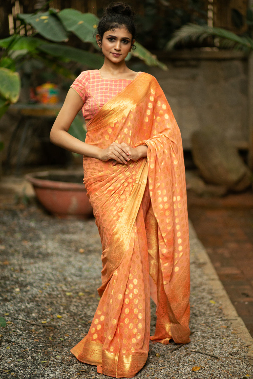 Pale orange Banarasi chiffon saree with zari buttis and zari border - House of Blouse