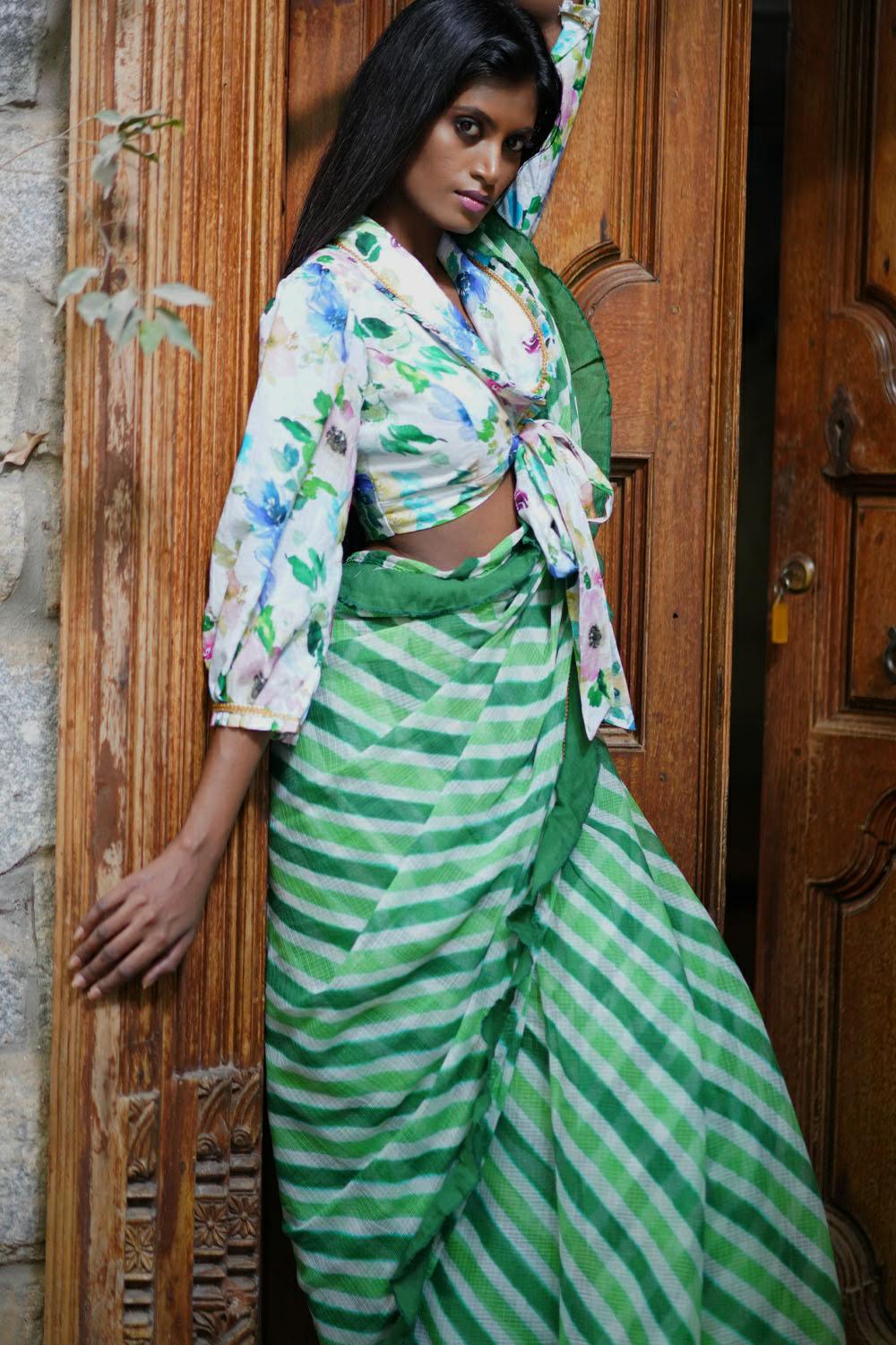 Leaf green and white handloom & hand dyed with ruffle leheriya saree - House of Blouse