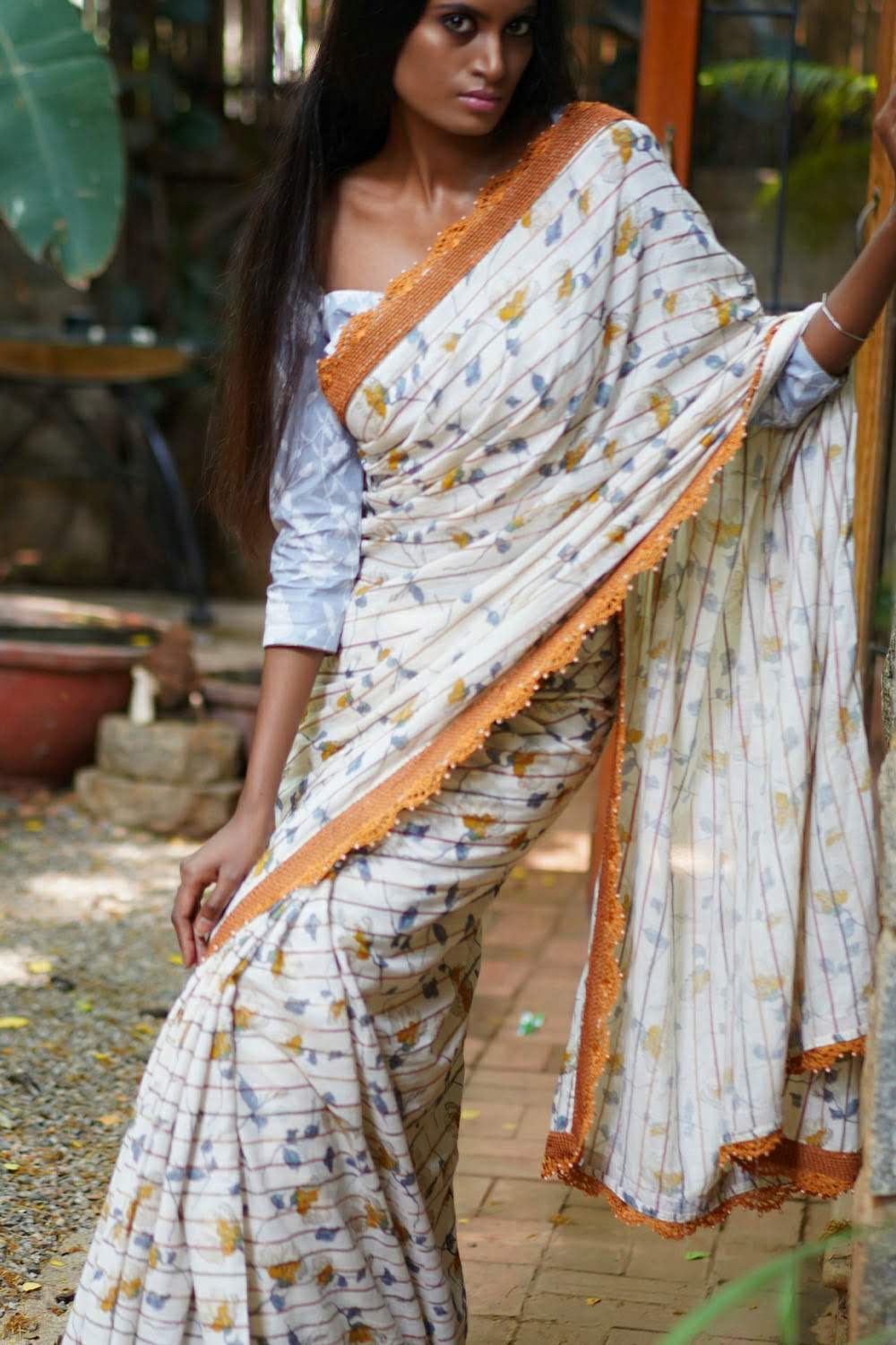 Off white and mustard floral muslin cotton saree with crochet border - House of Blouse