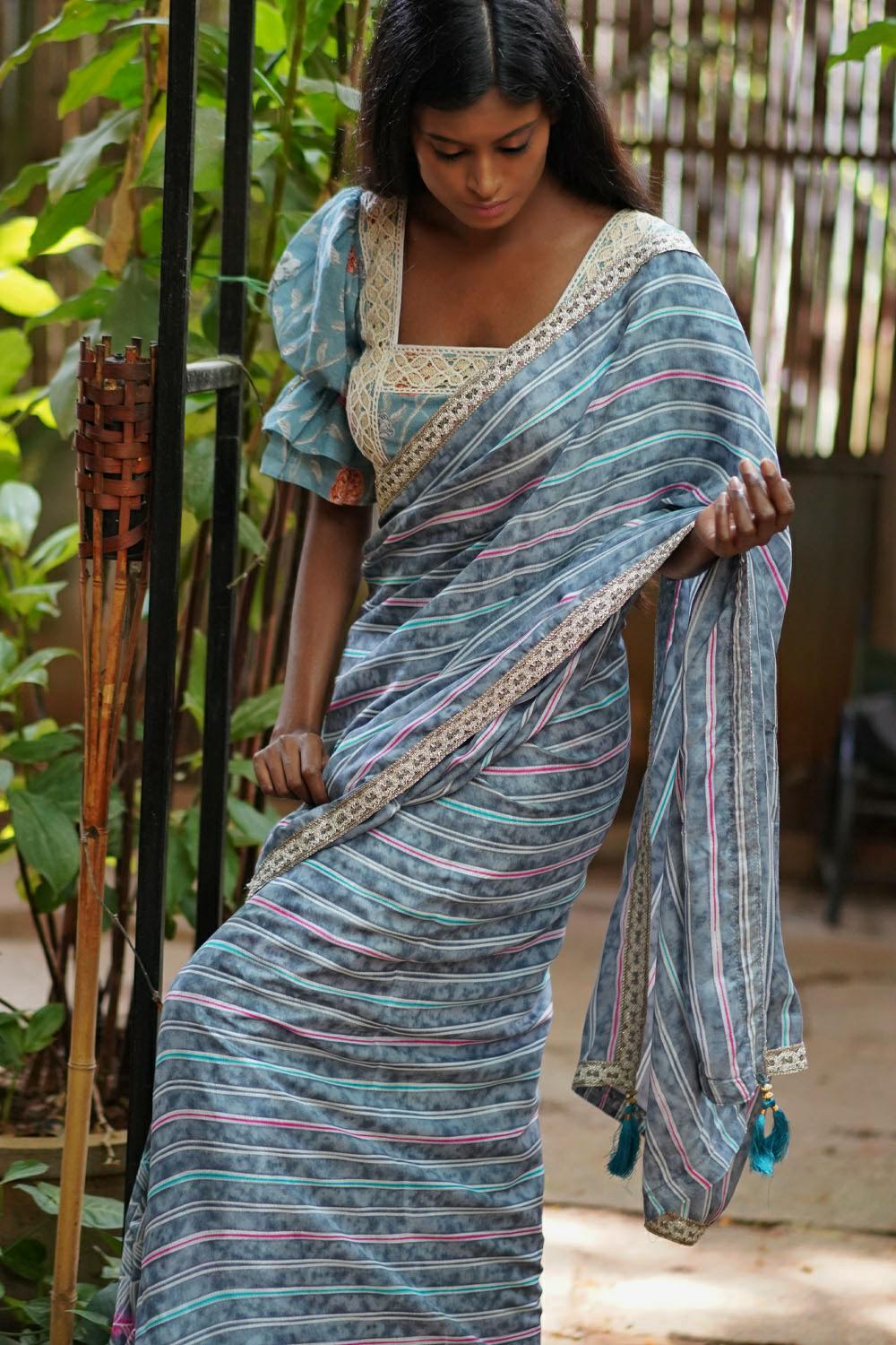 Powder blue and white half and half saree with dull gold filigree border - House of Blouse