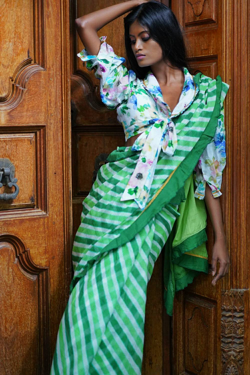 Leaf green and white handloom & hand dyed with ruffle leheriya saree - House of Blouse