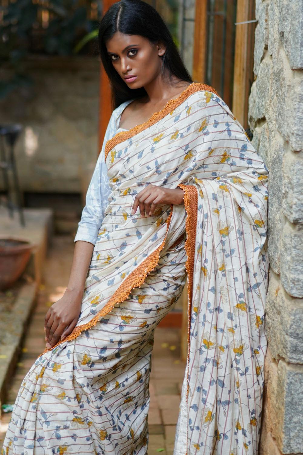 Off white and mustard floral muslin cotton saree with crochet border - House of Blouse