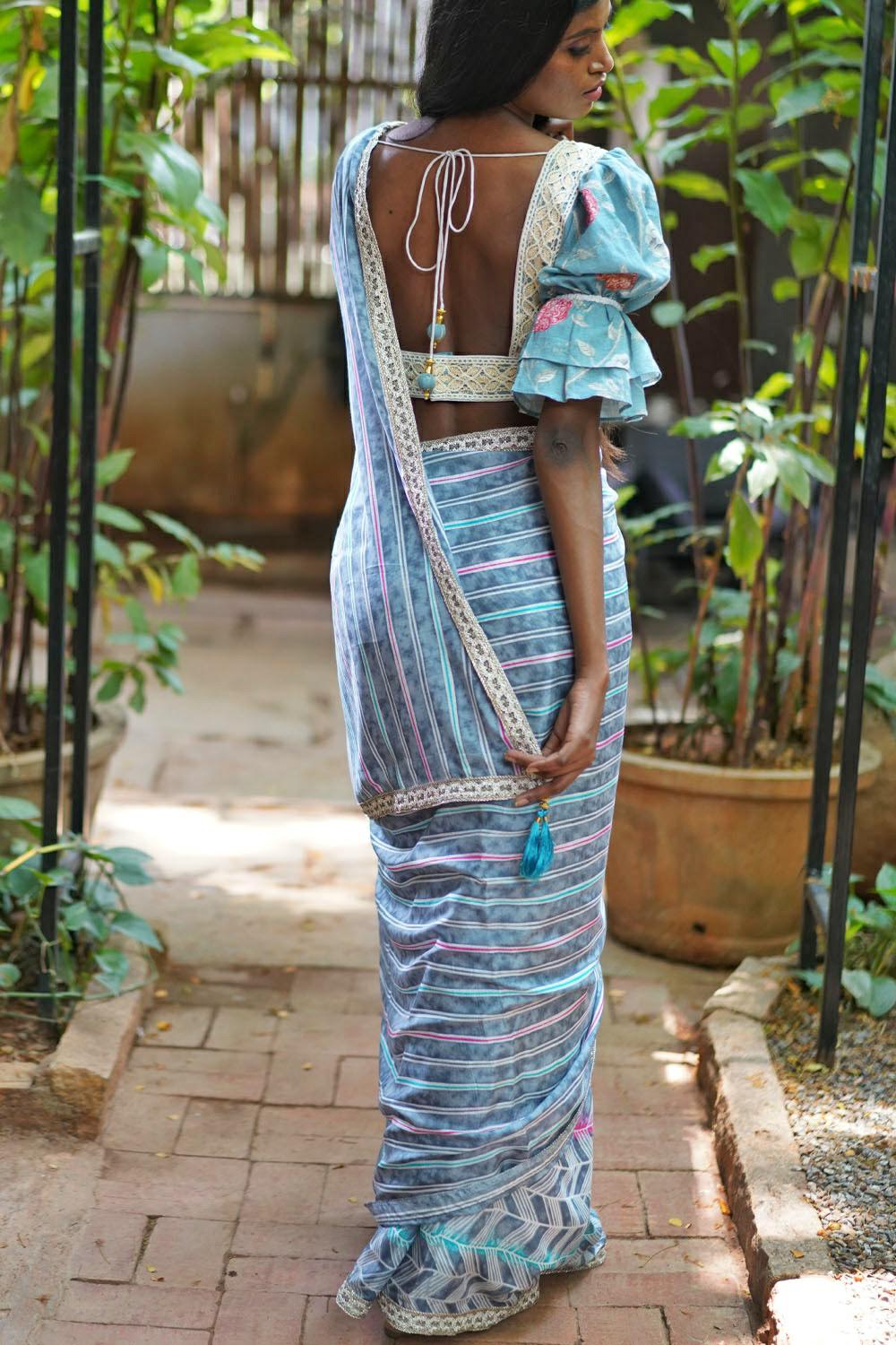 Powder blue and white half and half saree with dull gold filigree border - House of Blouse